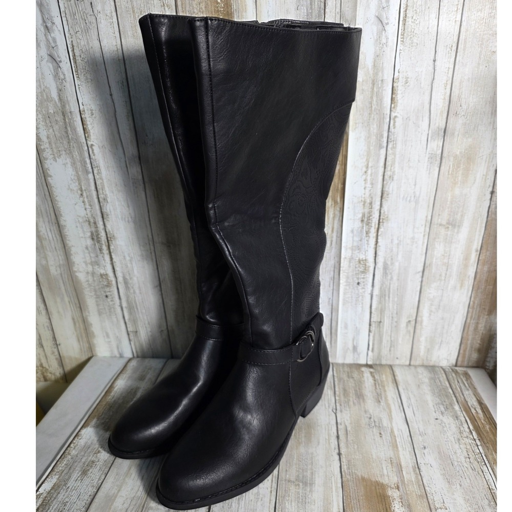 Easy Street Plus Wide Calf Black Knee High Boots Paisley Embossed Side Zip NWT